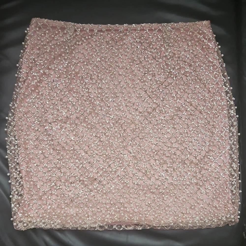 Y2k Handcrafted Pearl Details Stretchy Fabric Stealth Mini Formal Skirt Sz M